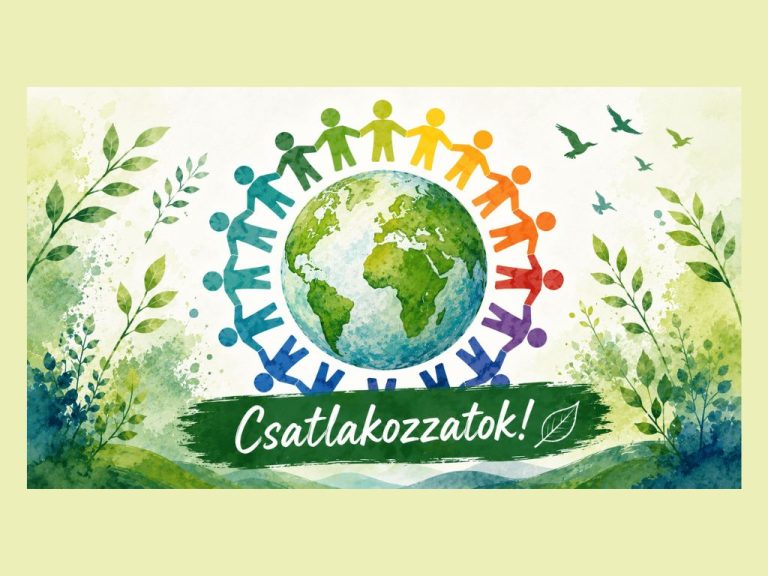 A Föld körötte emberek kézenfogva. Szöveg: Csatlakozzatok!